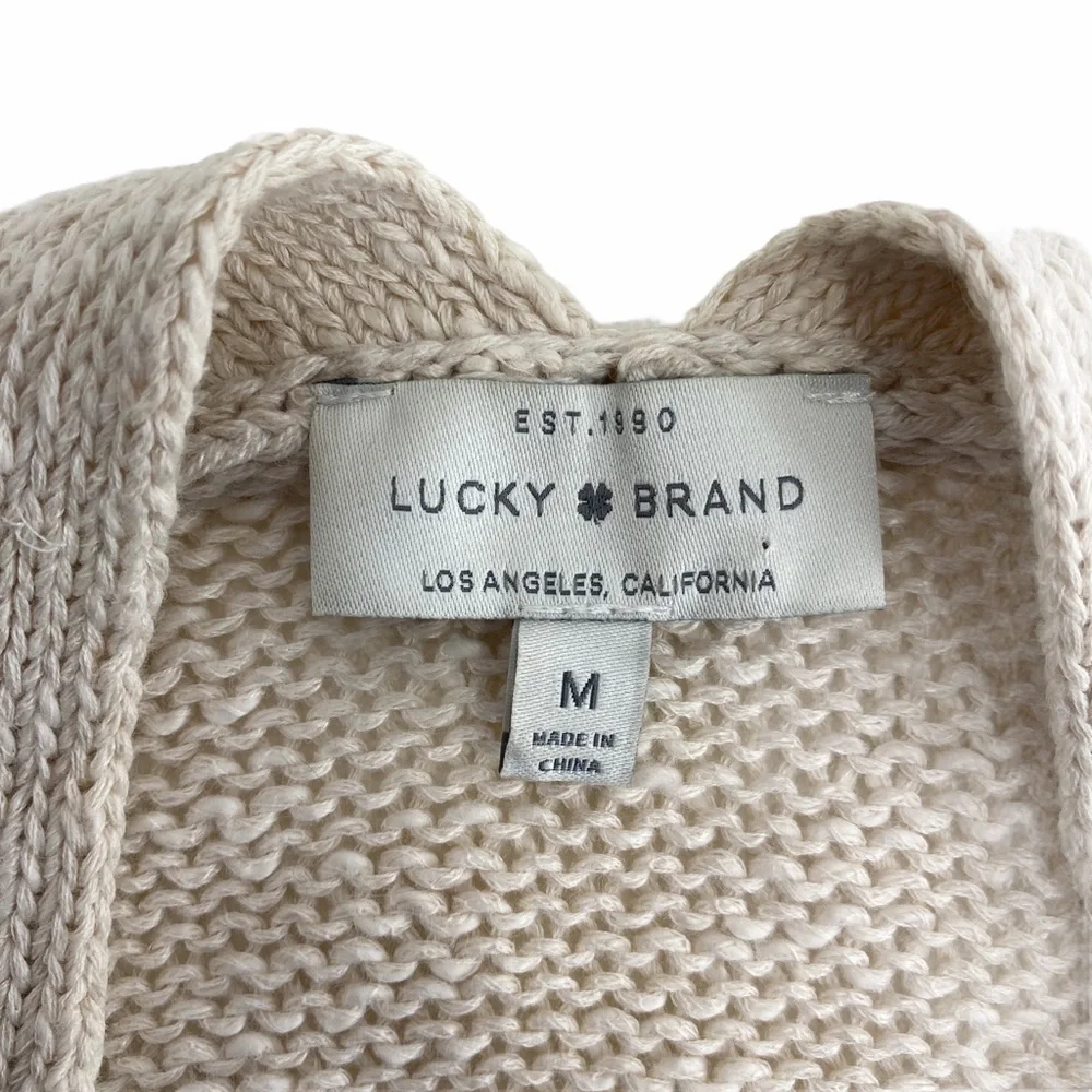 Med Lucky Brand Size Medium Oatmeal Cream Chunky Knit Open Linen Cardigan Tassel - Picture 4 of 10